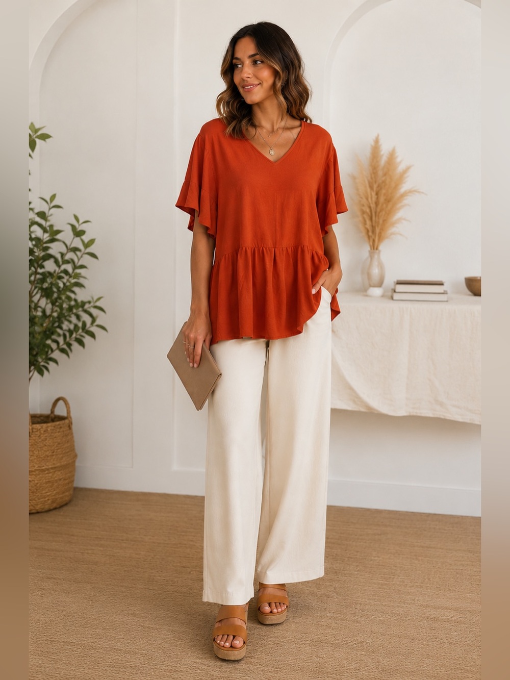 Entro Rust V-Neck Peplum Top NWOT
